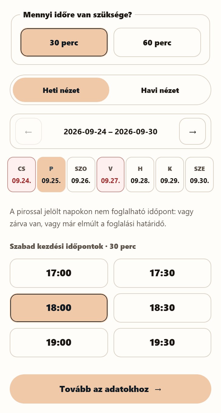 A saját, működő foglalóm telefonon: heti naptár valós szabad időpontokkal, egy kiválasztott időponttal