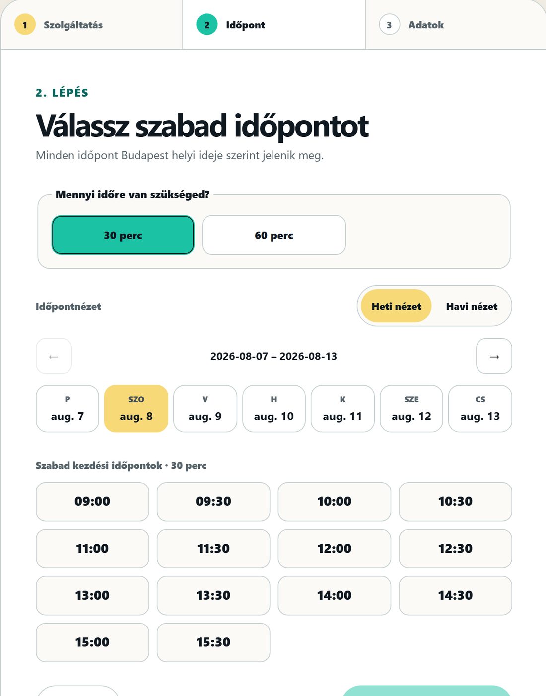 A saját éles foglalórendszer naptár-nézete valós szabad időpontokkal