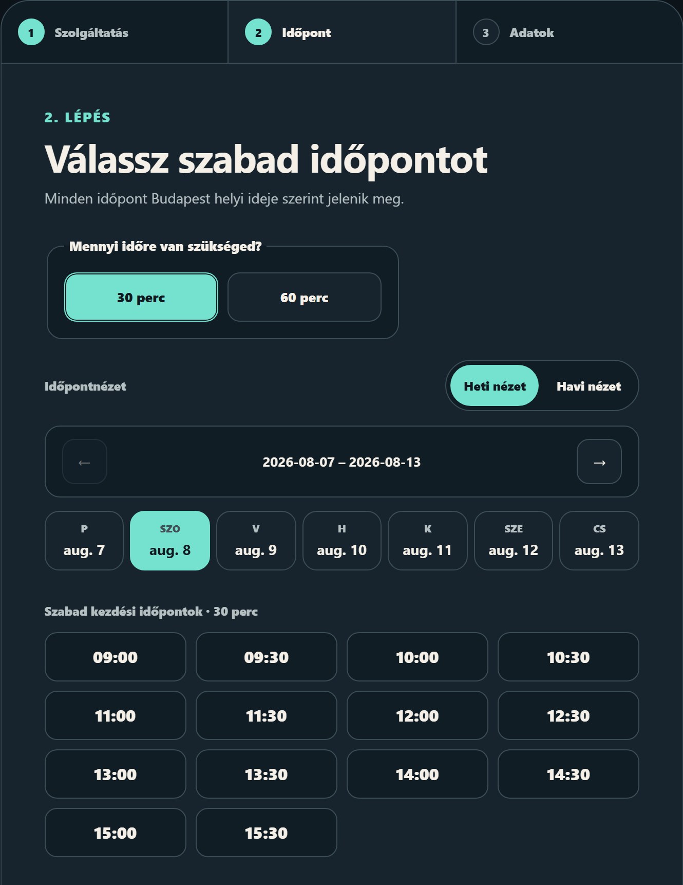 A saját éles foglalórendszer naptár-nézete valós szabad időpontokkal, sötét témában